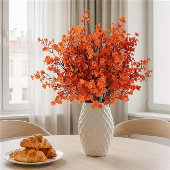New 8Pcs Baby Breath Artificial Fake Fall Flowers, Real Touch Orange Plants Silk - Picture 2 of 6